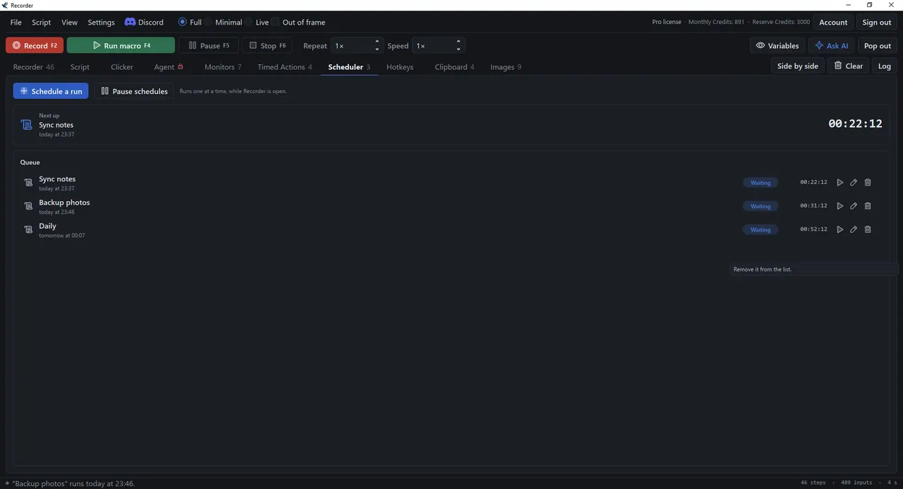 The Scheduler tab with the next run counting down and the queue below it