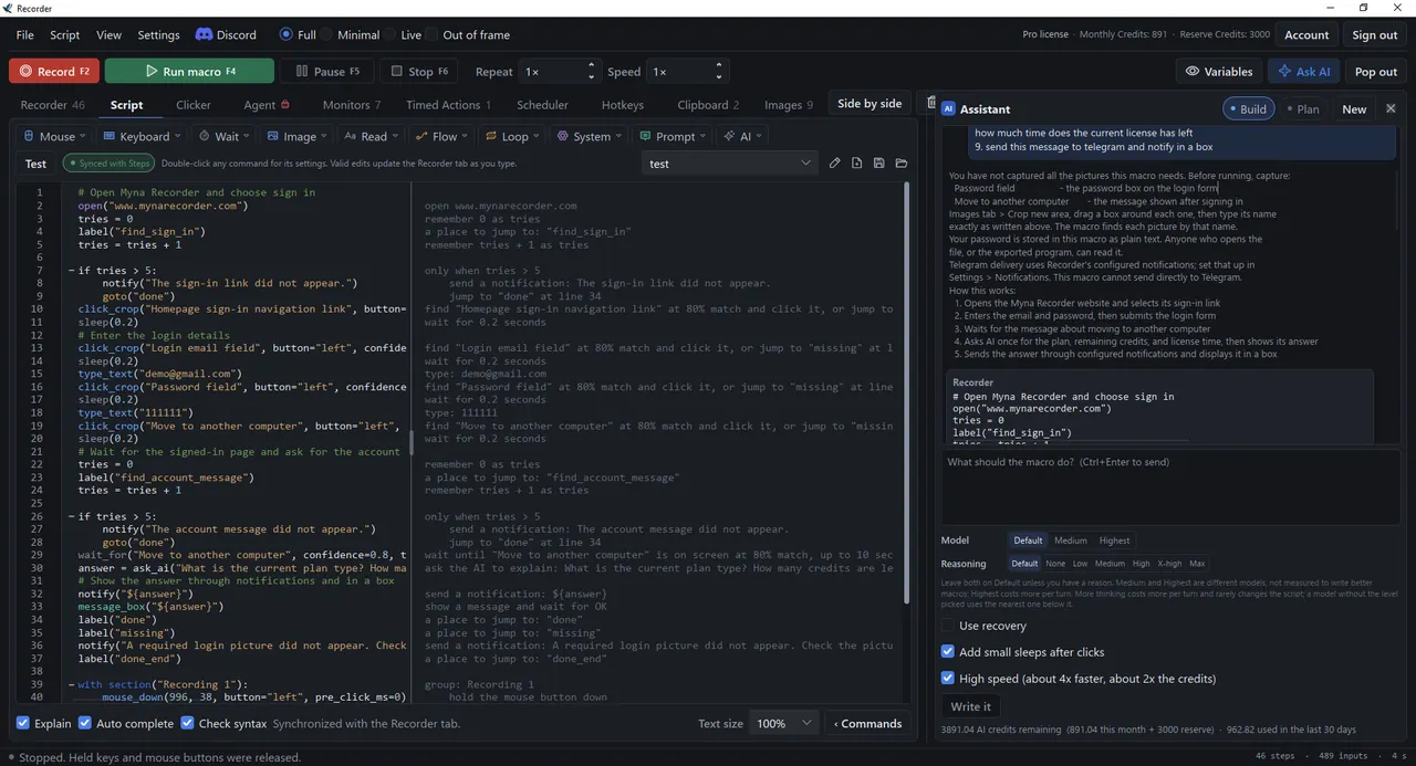 The Script tab beside the AI assistant, with an explanation beside every line