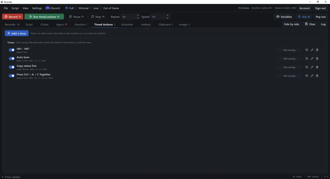 The Timed Actions tab with four timers