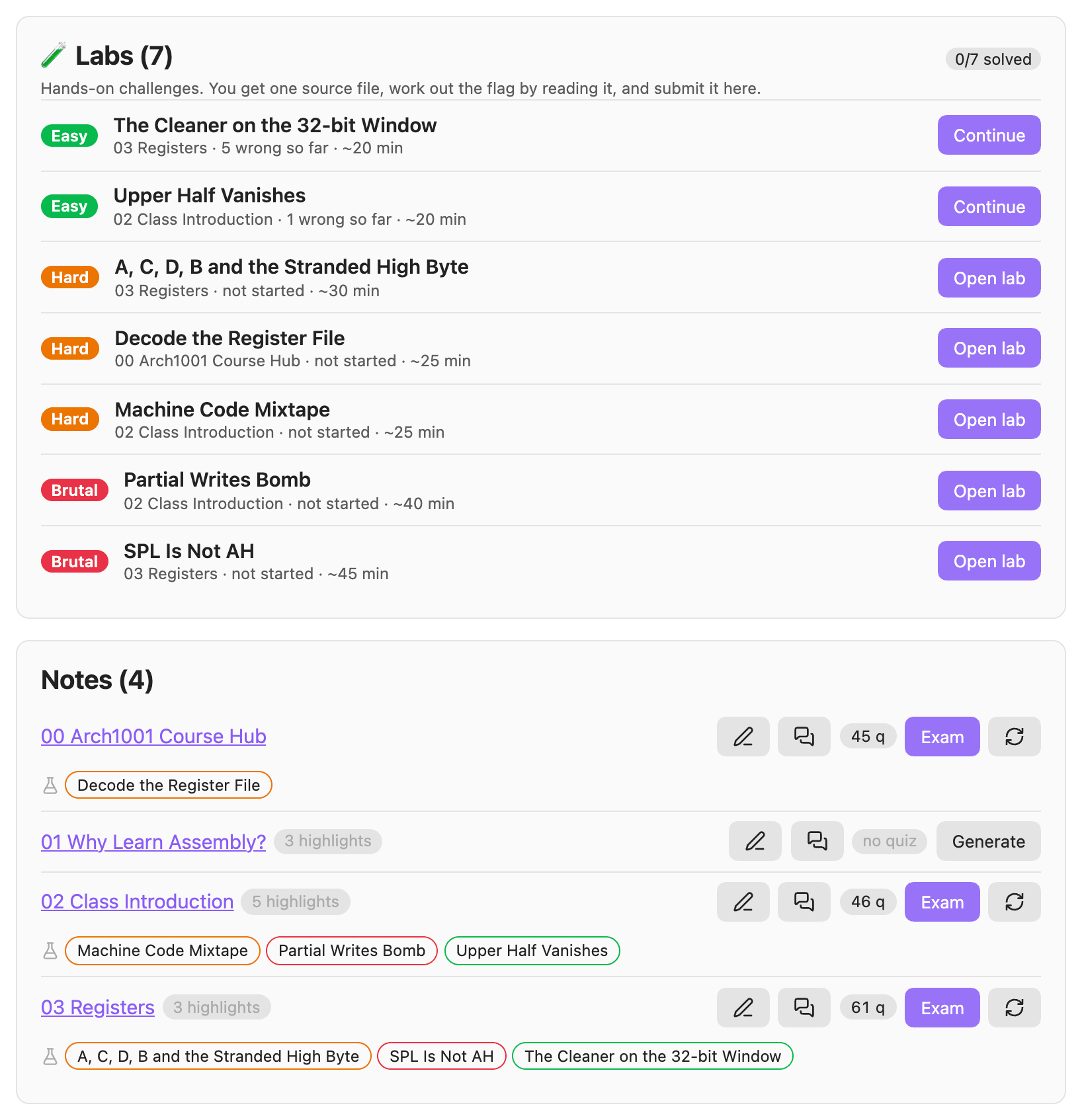 A course's labs, by tier, and its notes, each with its quiz size, an Exam button and its labs