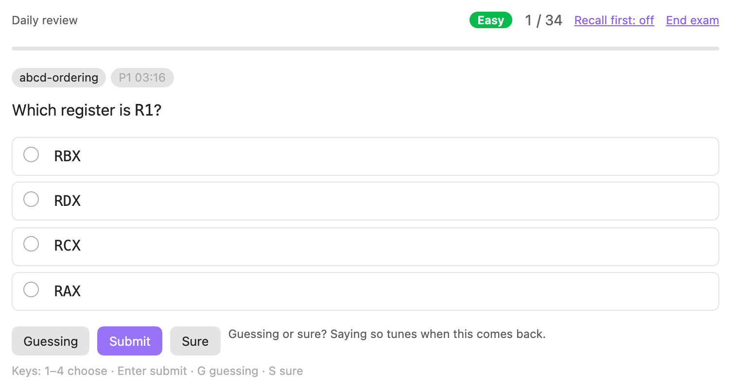 A daily-review question with four options and the Guessing, Submit and Sure buttons