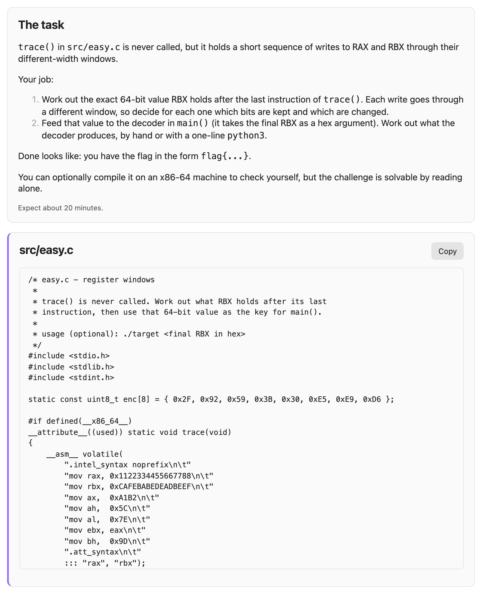 A lab's task and its C source file, with an inline-assembly function to trace