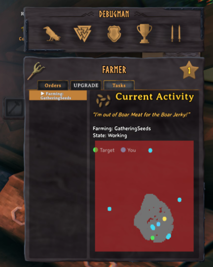 Tasks tab showing current activity, state and the village map