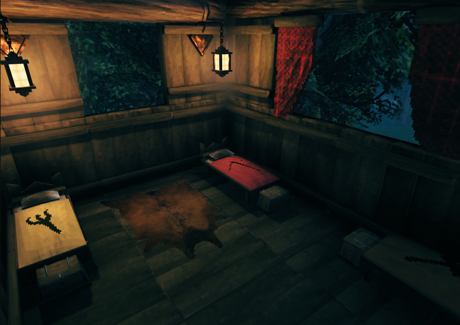 Two villager cots in a lamplit room, blankets dyed straw and red, each stamped with a trade icon