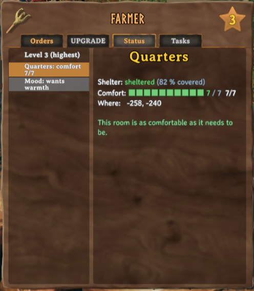 The Farmer's Status tab showing shelter, a comfort bar and the quarters description