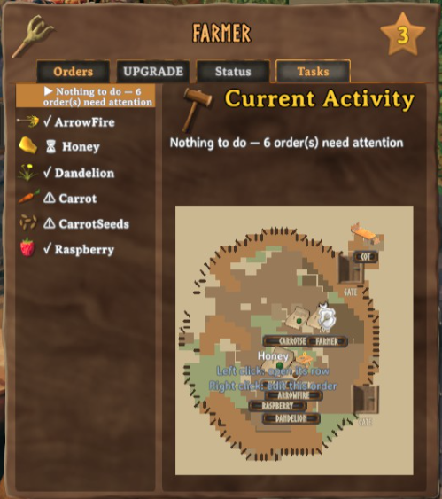 The Farmer's Tasks tab, with order rows and a parchment village map marked with labelled pins