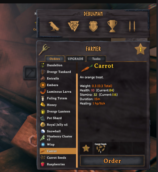 A farmer's Orders tab listing craftable and foraged items