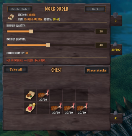 Work order panel with min/max quota sliders and an out-of-materials warning