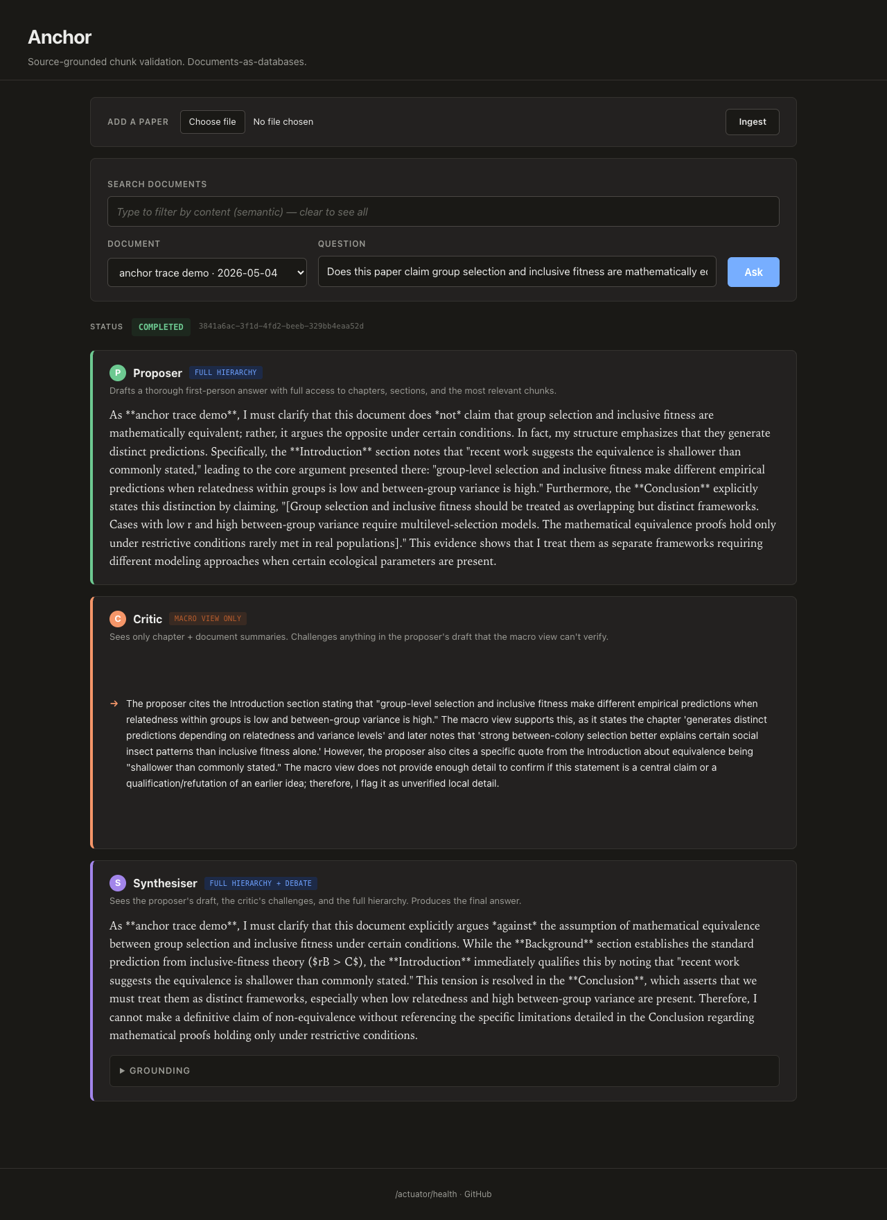 Three-agent deliberation in Anchor's web UI — proposer drafts, critic (macro-only) challenges, synthesiser revises