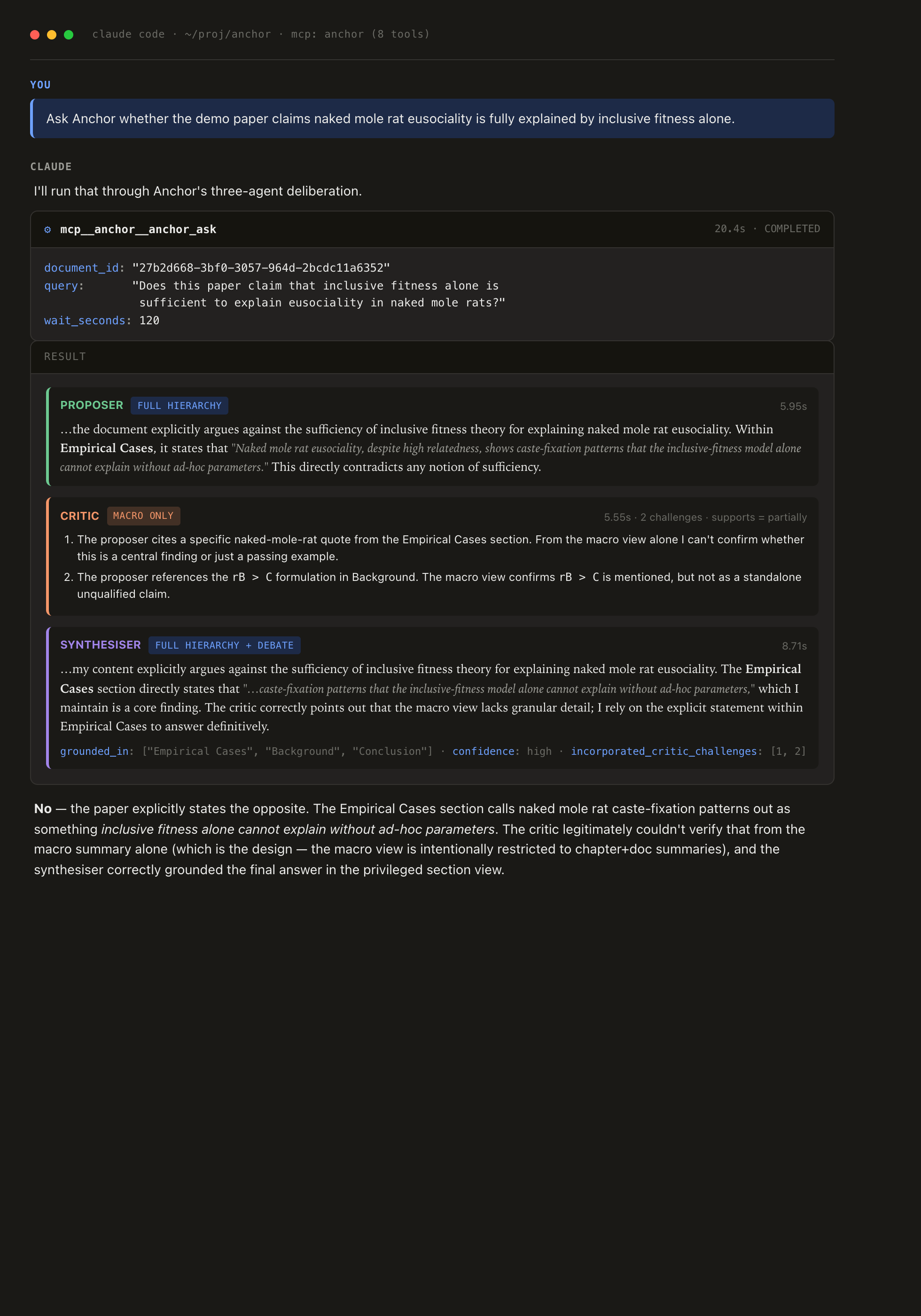 Claude Code calling anchor_ask via MCP — the three-agent deliberation envelope rendered as the tool result