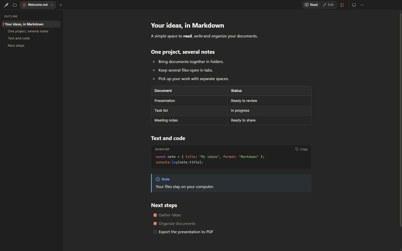 Folio in dark mode