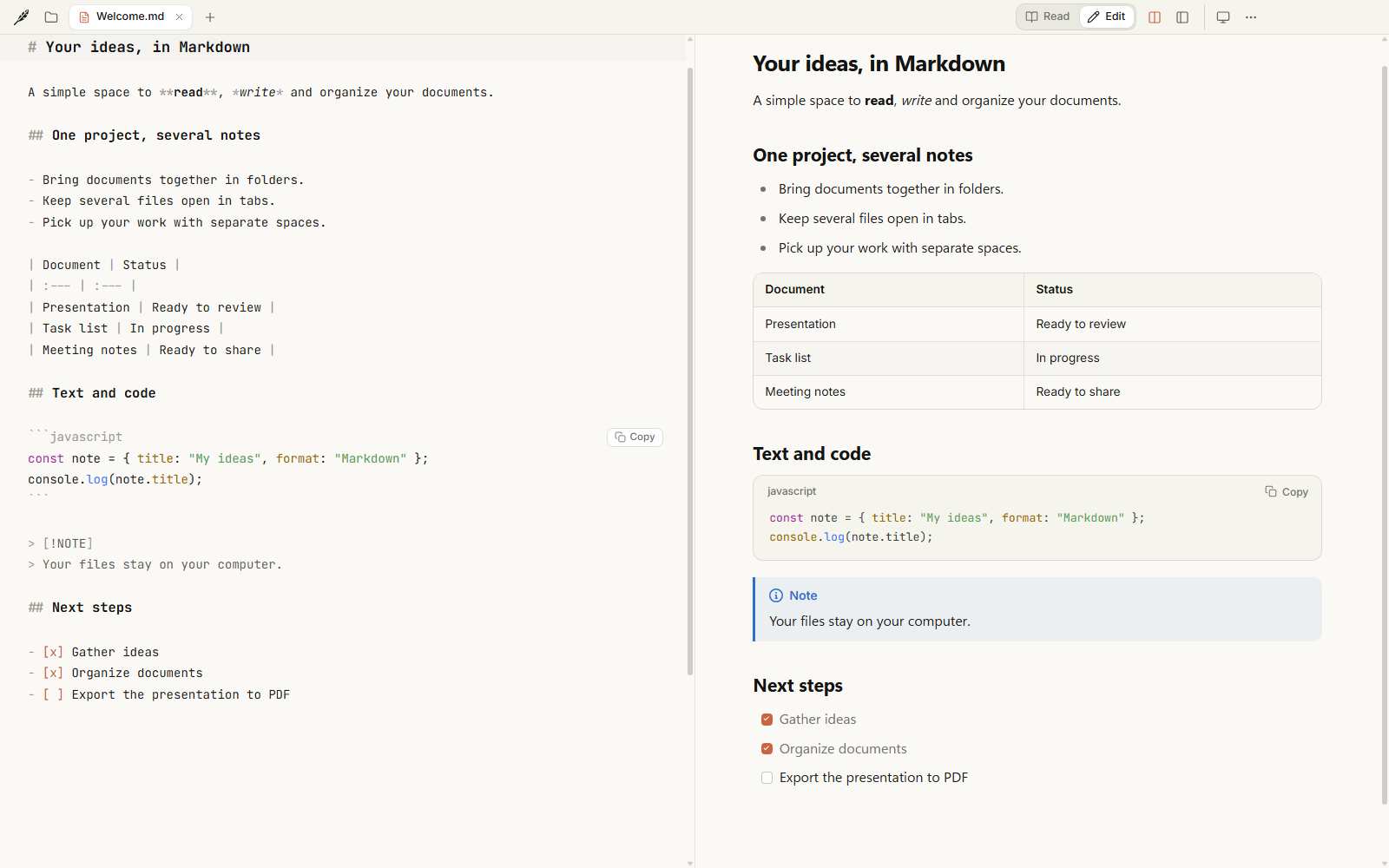 Markdown editing with a live preview in Folio