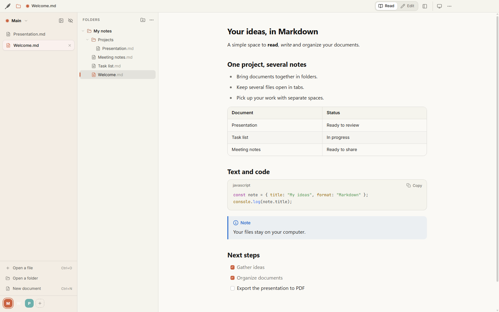 Folders and documents in Folio