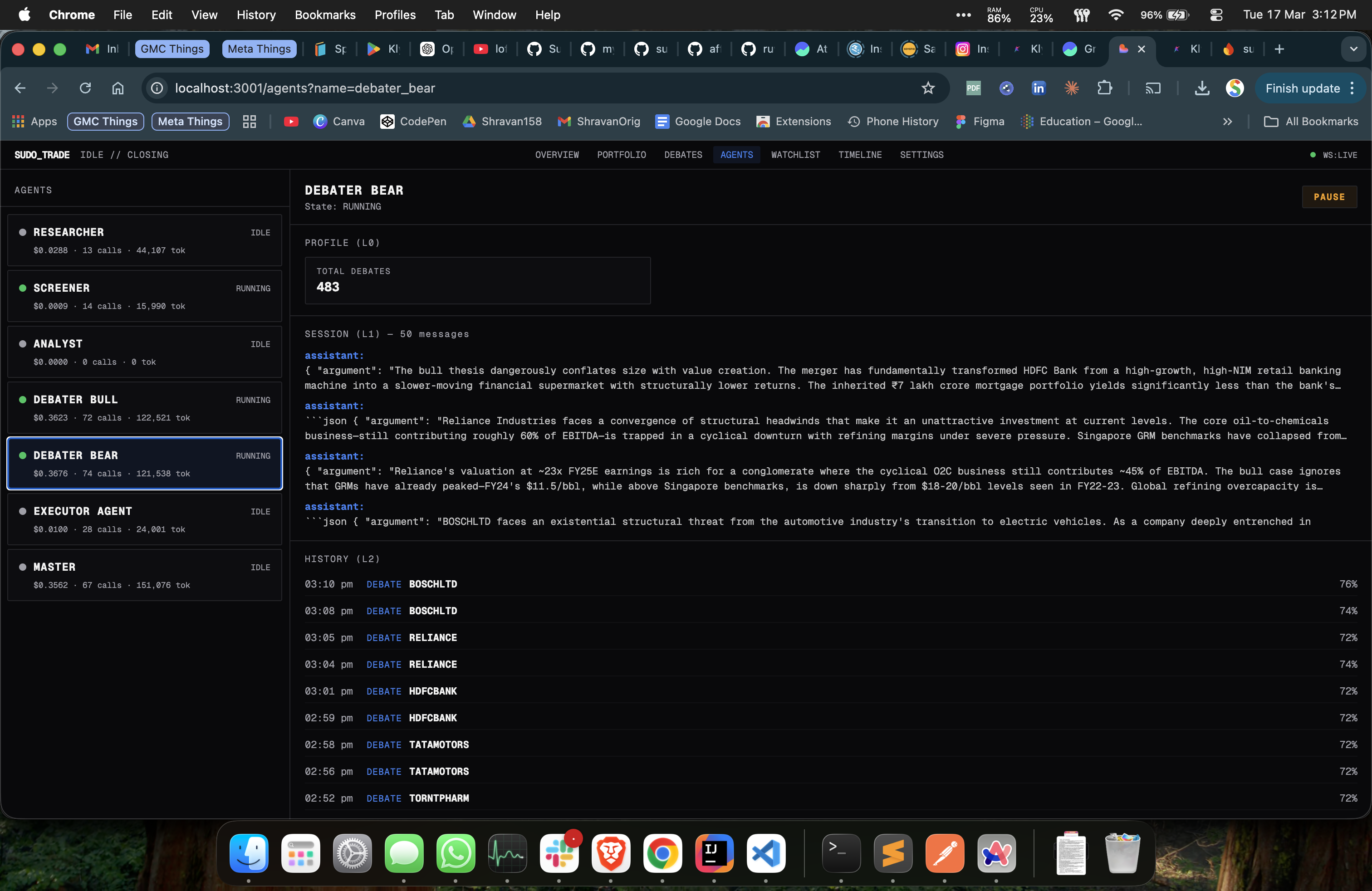 Agents - Debater Bear: 483 total debates, 74 calls, 121K tokens, $0.37