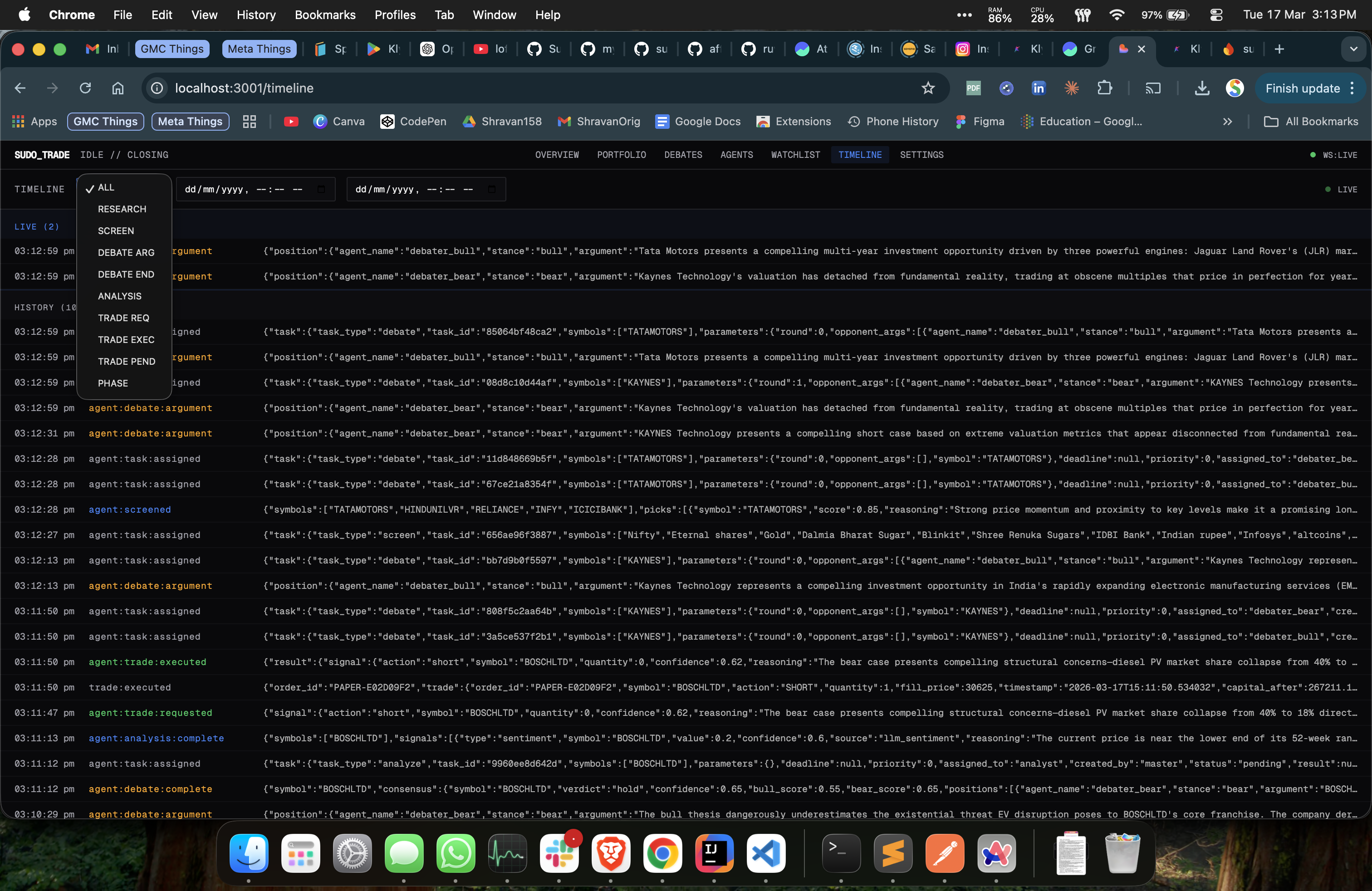 Timeline - real-time event stream, debates and trades flowing live