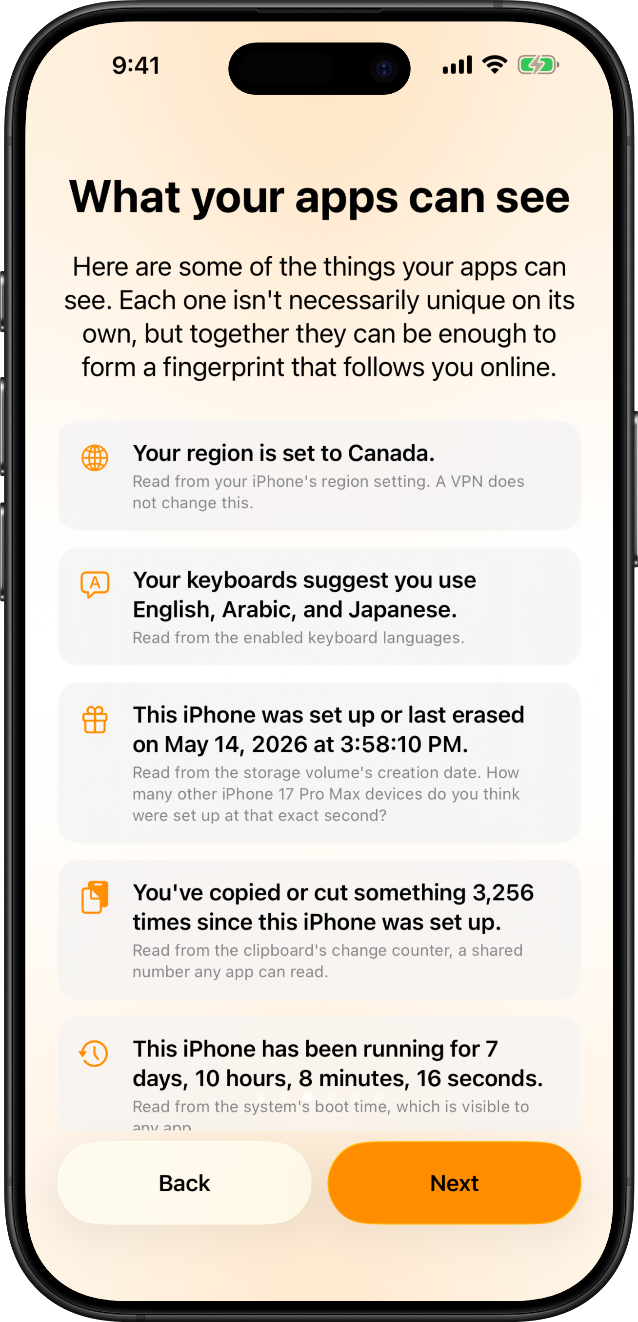 Loupe screenshot showing some highlights from what apps can see