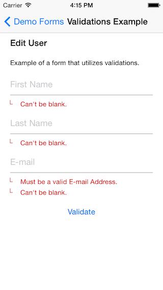 Example of validation errors