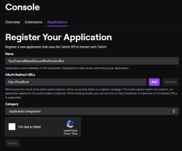 Twitch App Registration