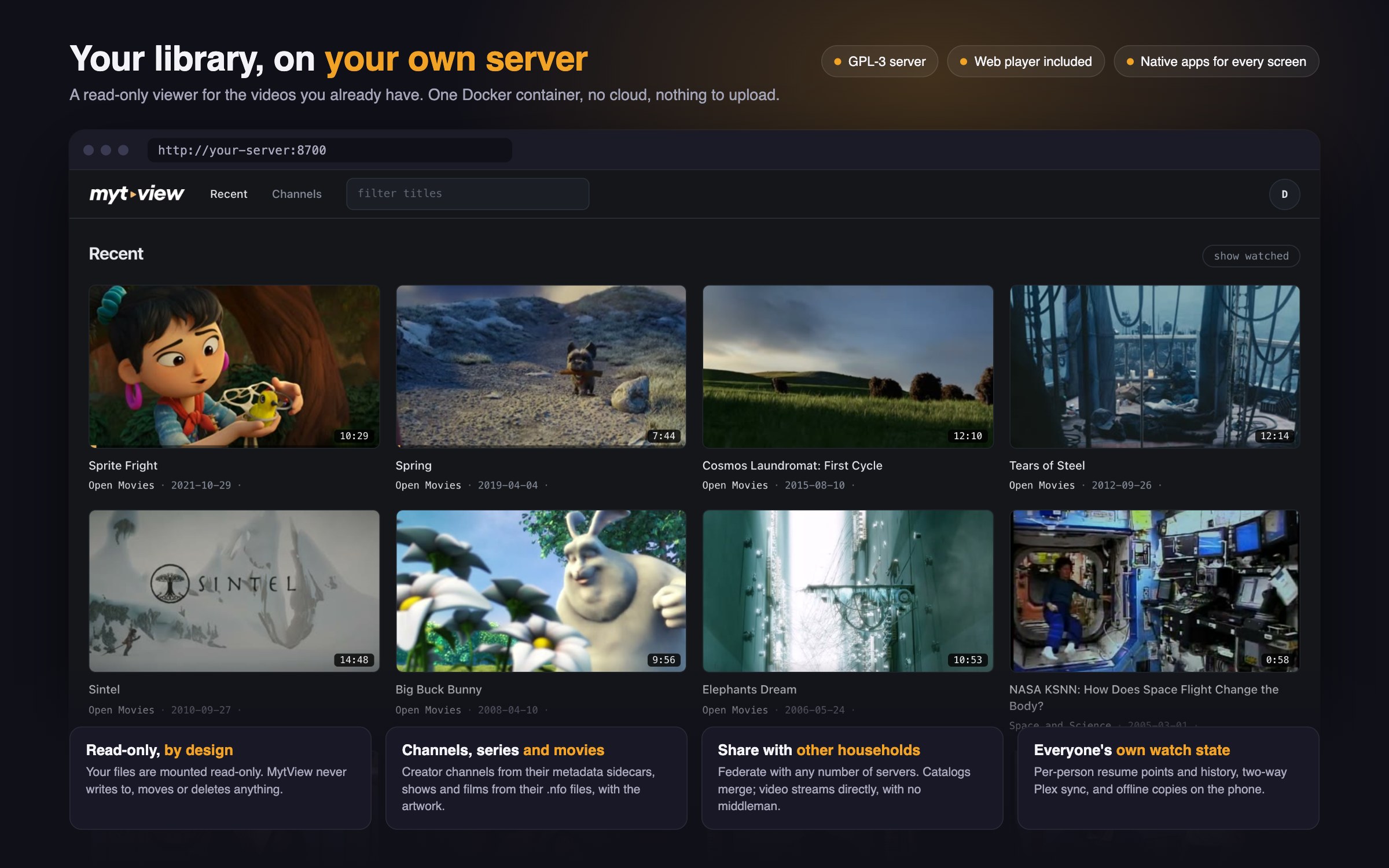 The web app: the Recent feed of a library, with the main features called out