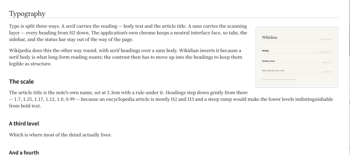 The three-way split: serif title, sans headings, serif body