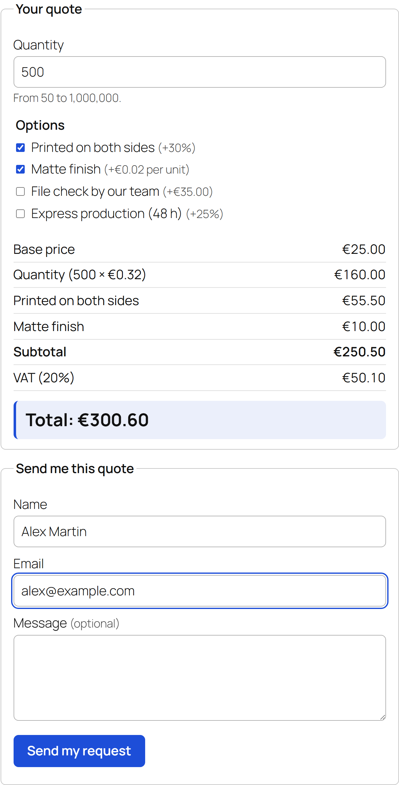 The calculator with 500 units, two options ticked and a live breakdown: €250.50 subtotal, €50.10 VAT, €300.60 total