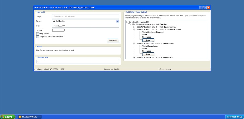 Honeypot Auditor local web UI (XP.css): New audit form, result panel, and IP-grouped SQLite history with a Confirmed Honeypot row expanded.