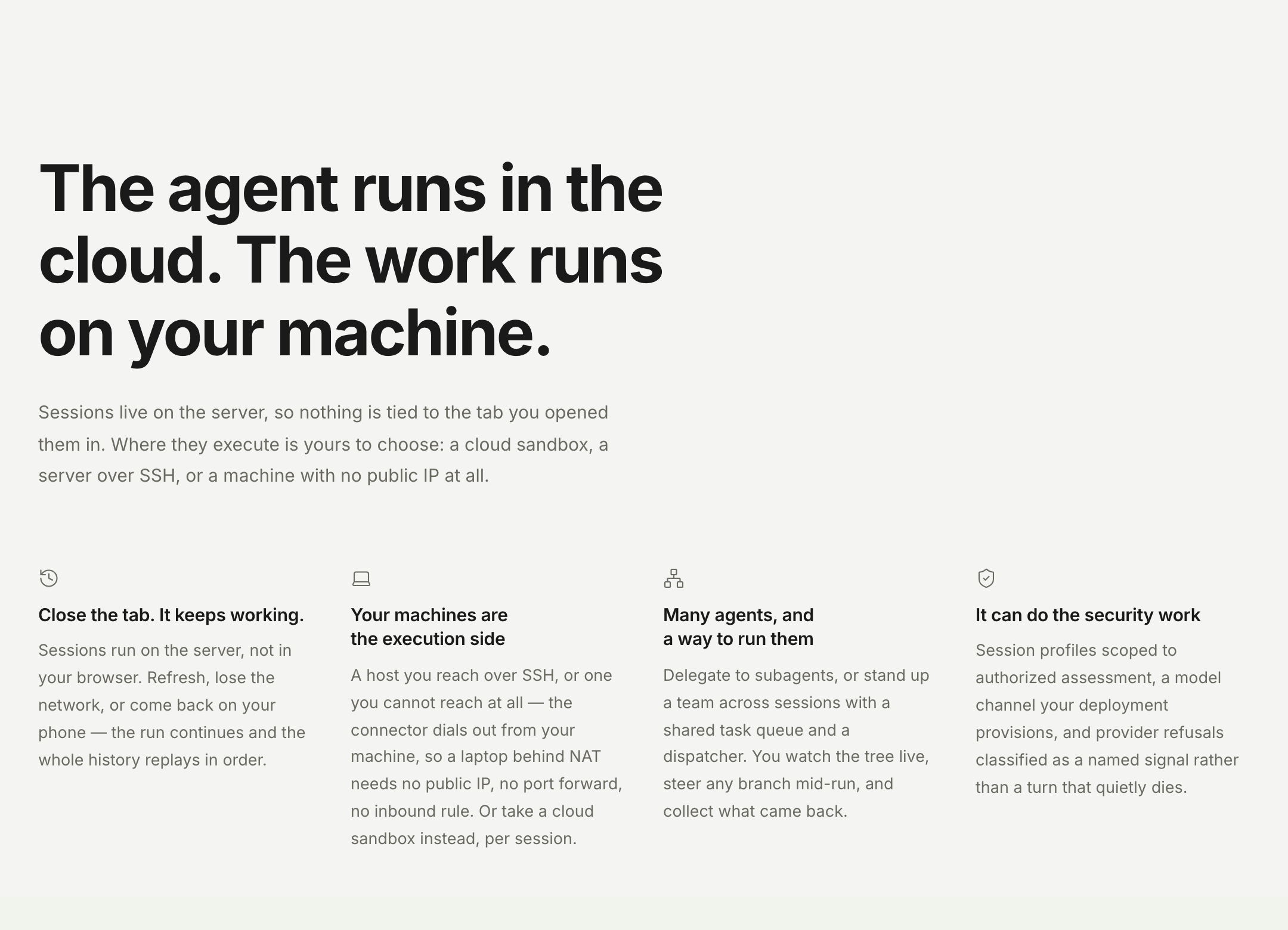 The four claims: sessions outlive the tab, your machines are the execution side, many agents with a way to run them, and profiles for authorized security work.