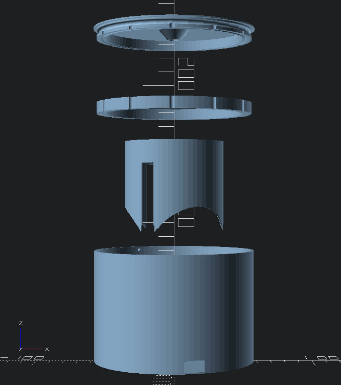 Light column 3D printed parts in exploded view from the side