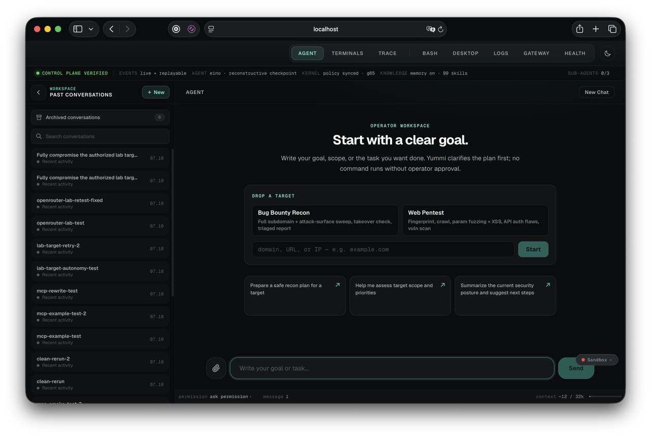 Yummi's Agent workspace: a target field, two quick-start launchers (Bug Bounty Recon, Web Pentest), and a goal input — no command runs without operator approval