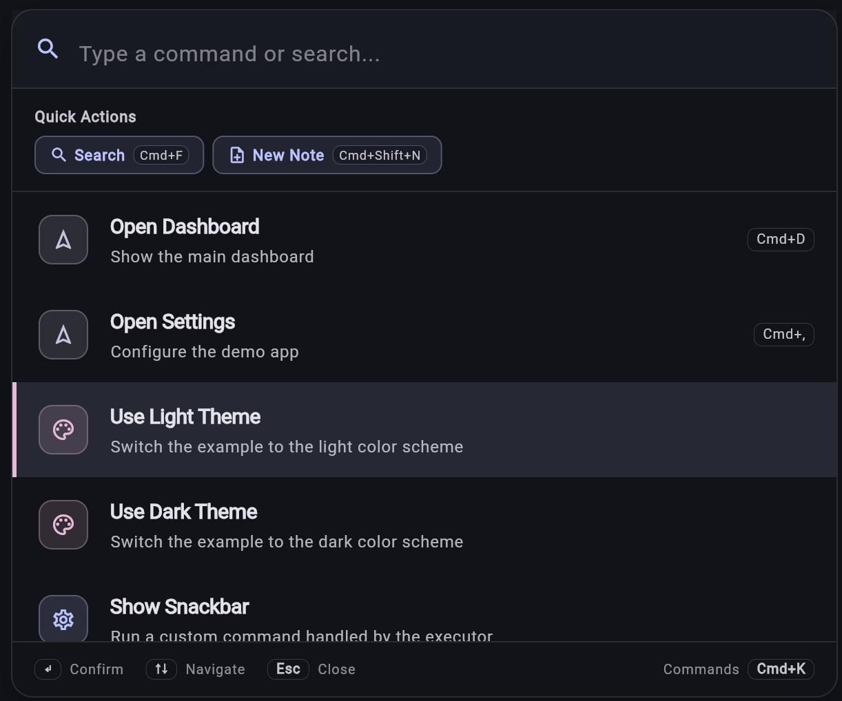 Command palette in dark theme