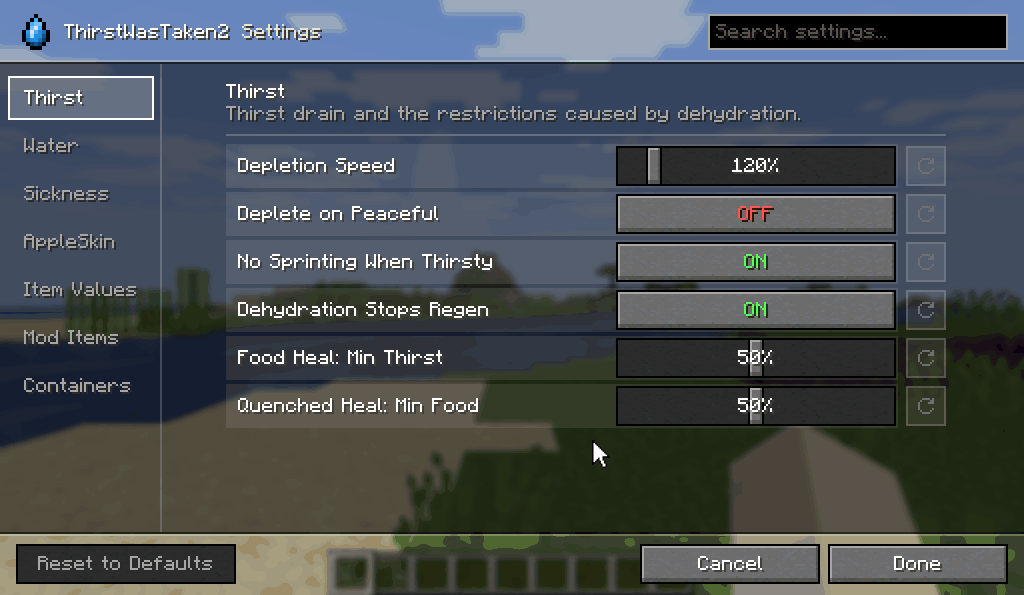 The ThirstWasTaken2 settings screen, every page and tab: a slider and a switch on the Thirst page, the Water tabs, the Sickness tables for each difficulty, the AppleSkin preview changing outline and its tooltip droplets switched off and on, the item list scrolling to a modded group under its pinned heading, Mod Items and Containers