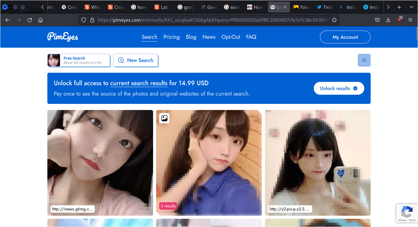 Pimeyes search result