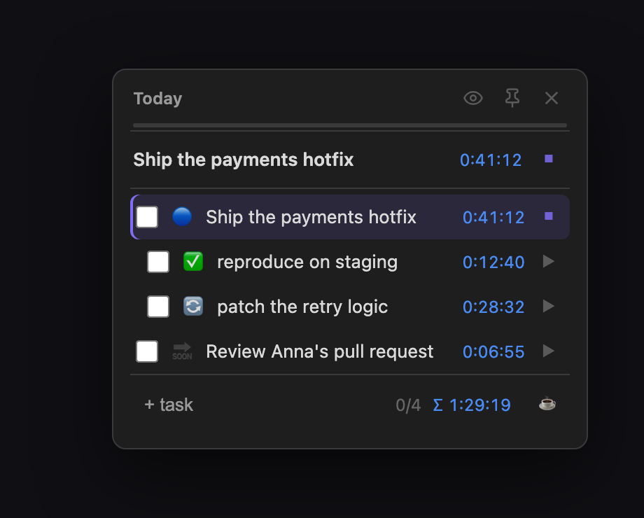 The pinned header showing the running task