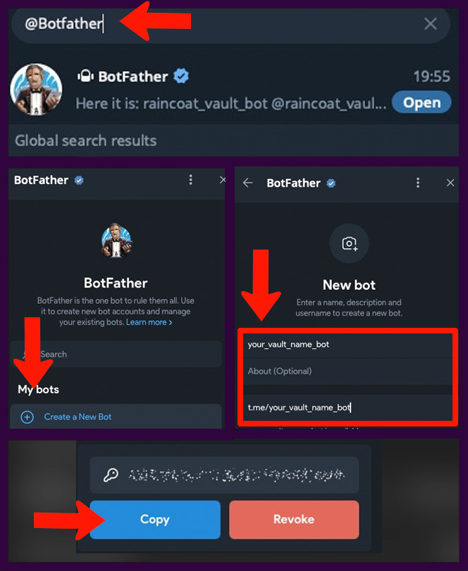 Creating a bot with @BotFather: New Bot, pick a name and username, copy the token