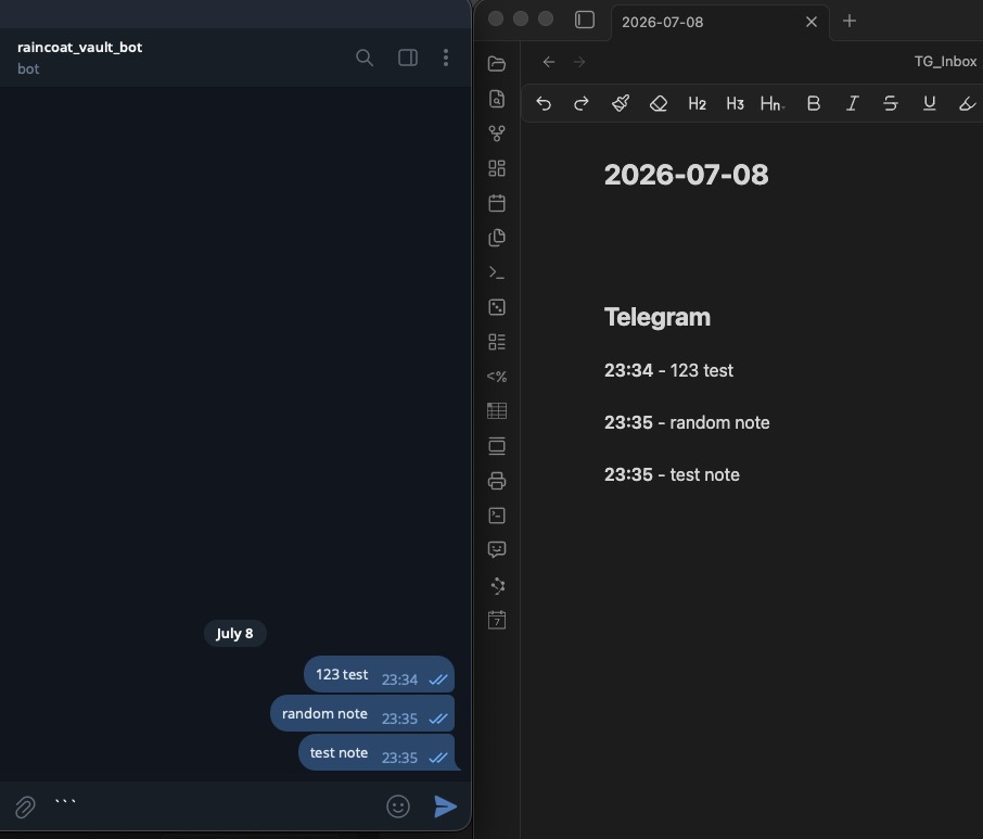 A message sent to the bot in Telegram appears in the Obsidian daily note