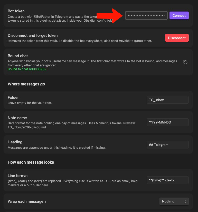 Plugin settings: bot token, target folder and note name, heading, line format