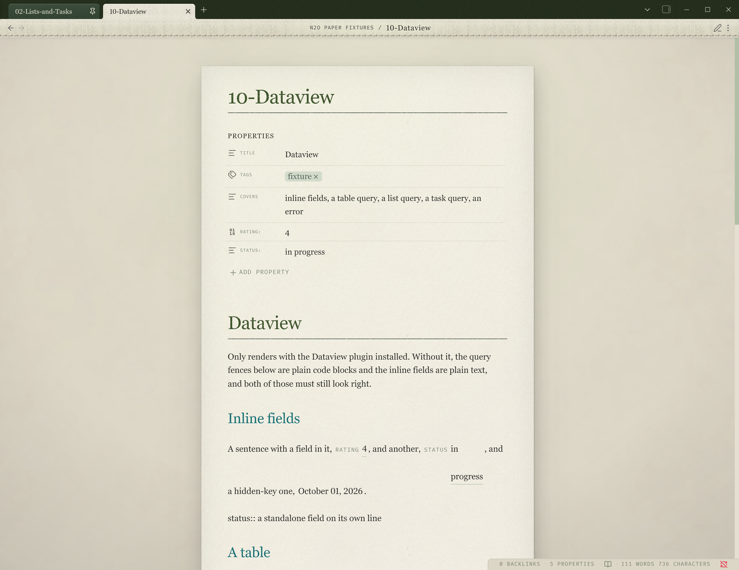 A Dataview table