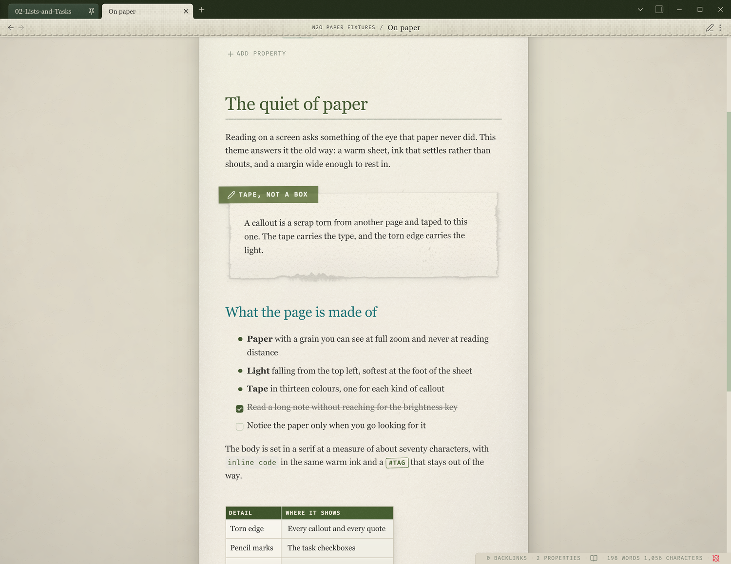 A note in N2O Paper, Forest palette