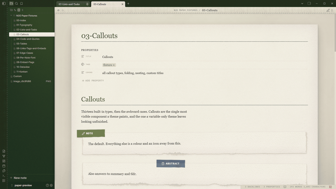 Switching between the seven palettes of the N2O Paper theme in Obsidian