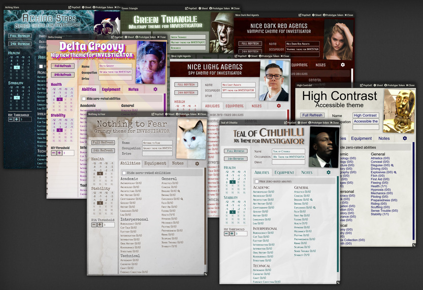 A screenshot seven different character sheet themes