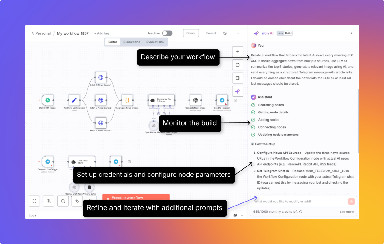 Real screenshot from n8n's own documentation showing the AI workflow builder generating a workflow from a natural-language prompt