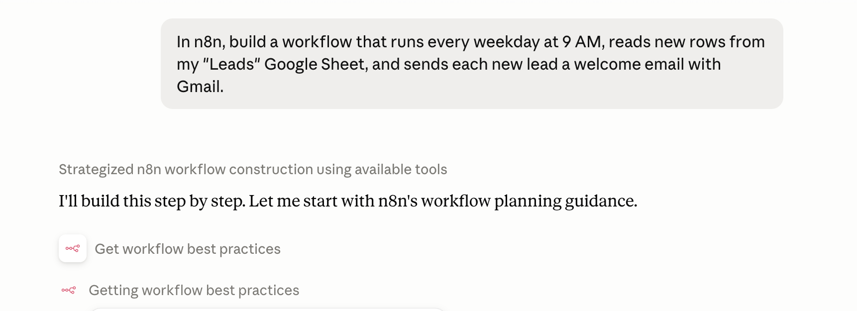 Real screenshot from n8n's official documentation showing Claude building an n8n workflow via MCP