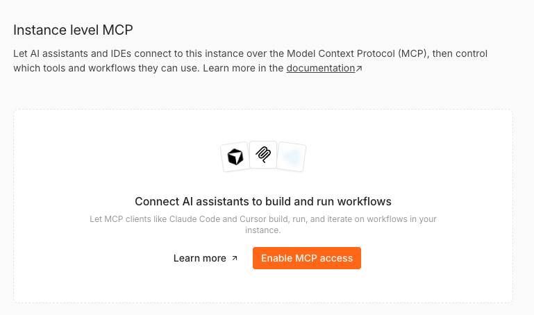The Instance-level MCP page before you enable MCP access, showing the Enable MCP access button