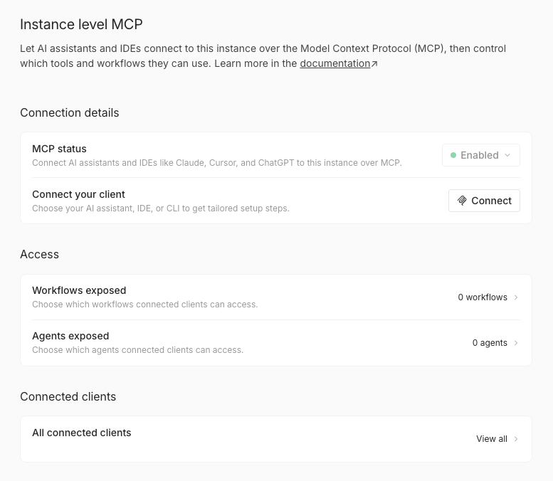 The Instance-level MCP page after you enable MCP access, showing Connection details, Access, and Connected clients