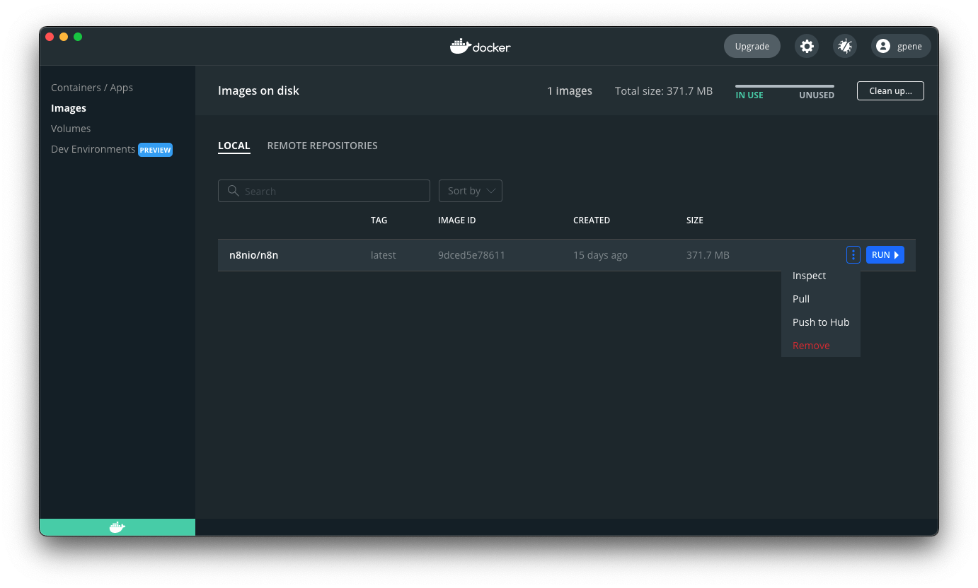 Docker Desktop Images tab with the row context menu open and Pull available