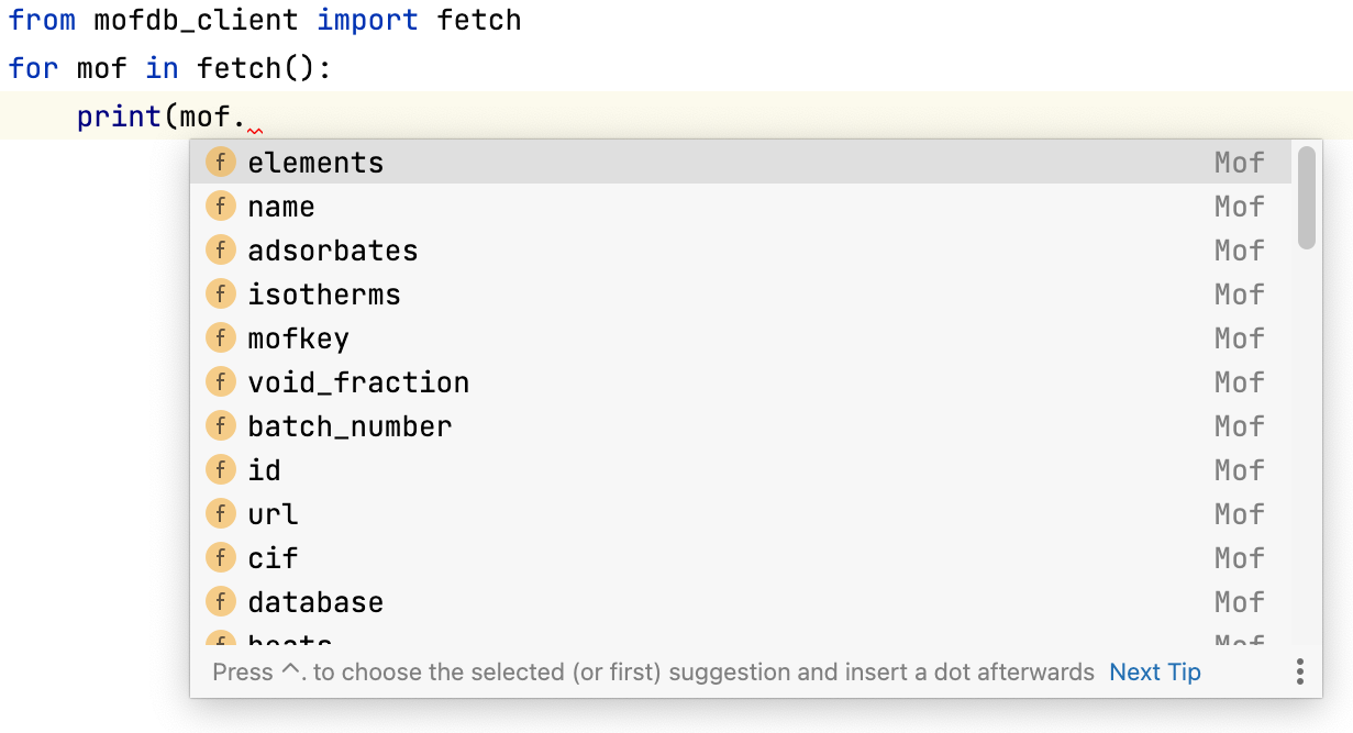 Example of mofdb-client IDE autocompletion