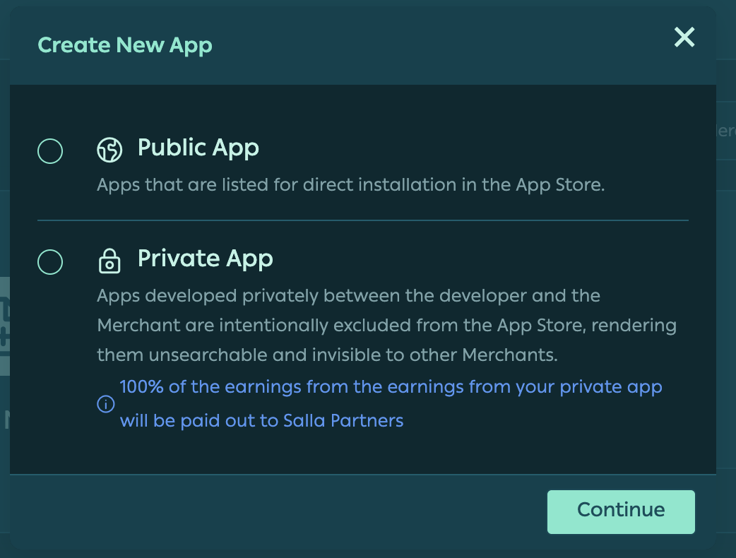 Choosing between a Public or Private app when creating a new app