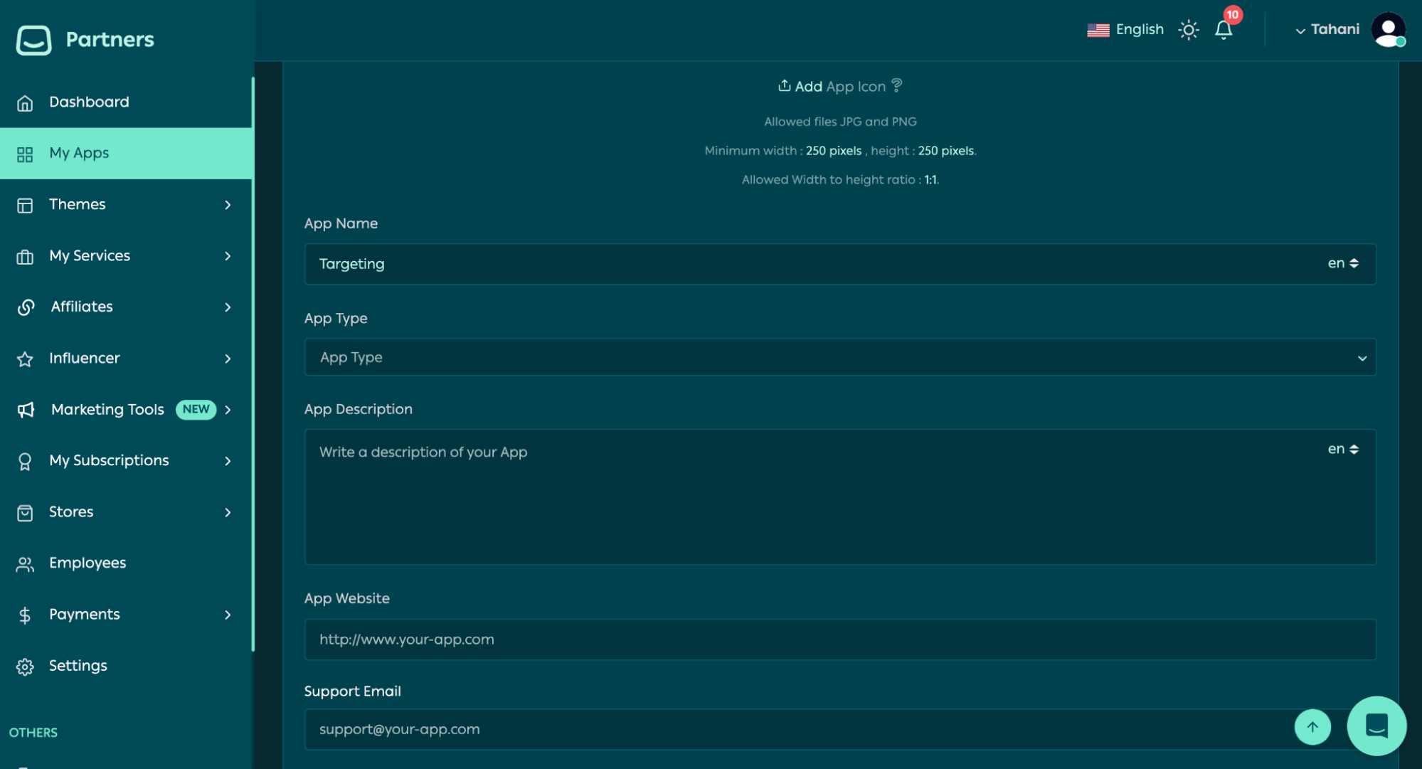 Naming and setting the app type when creating a new app in the Partners Portal