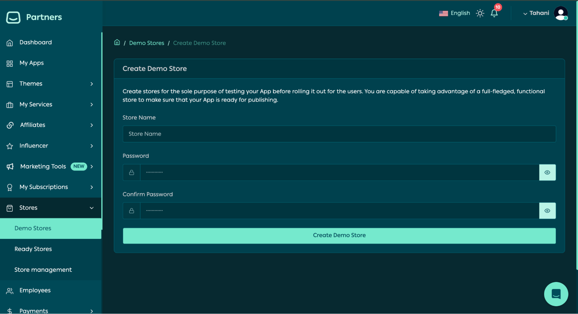 Creating a demo store from the Partners Portal