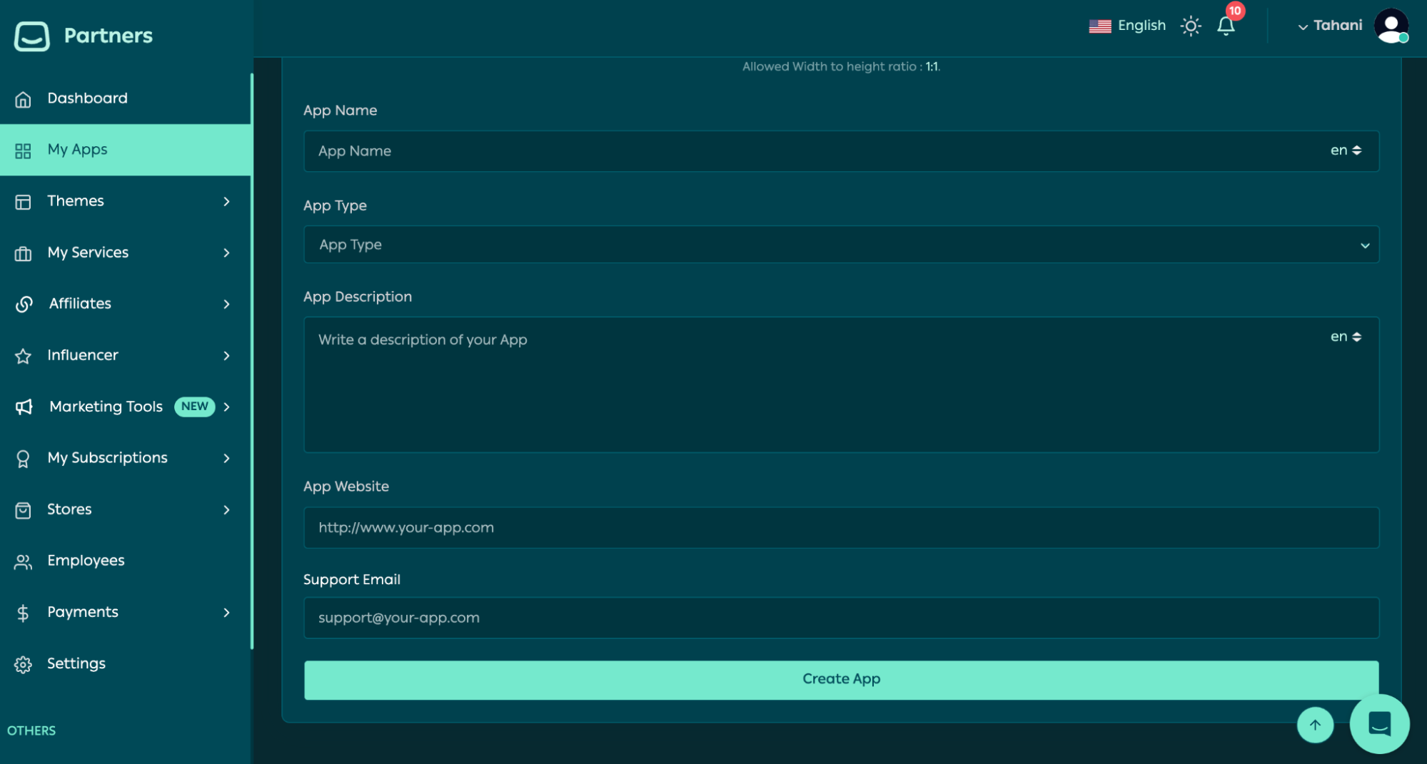 Creating a new app entry in the Partners Portal